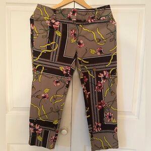 Floral Scarf-Print Ankle Pants in Taupe